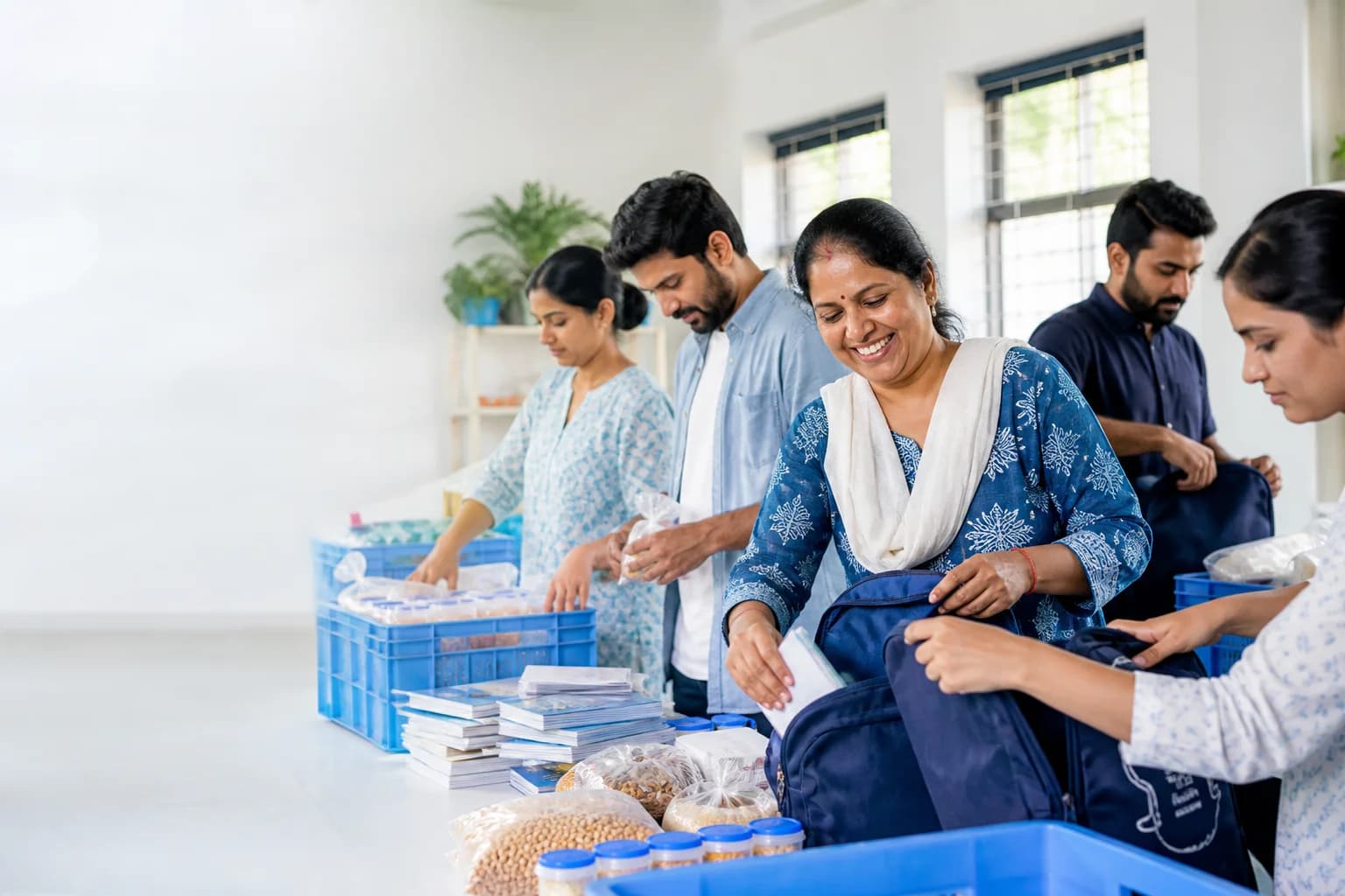Volunteers packing education and nutrition kits in a community centre